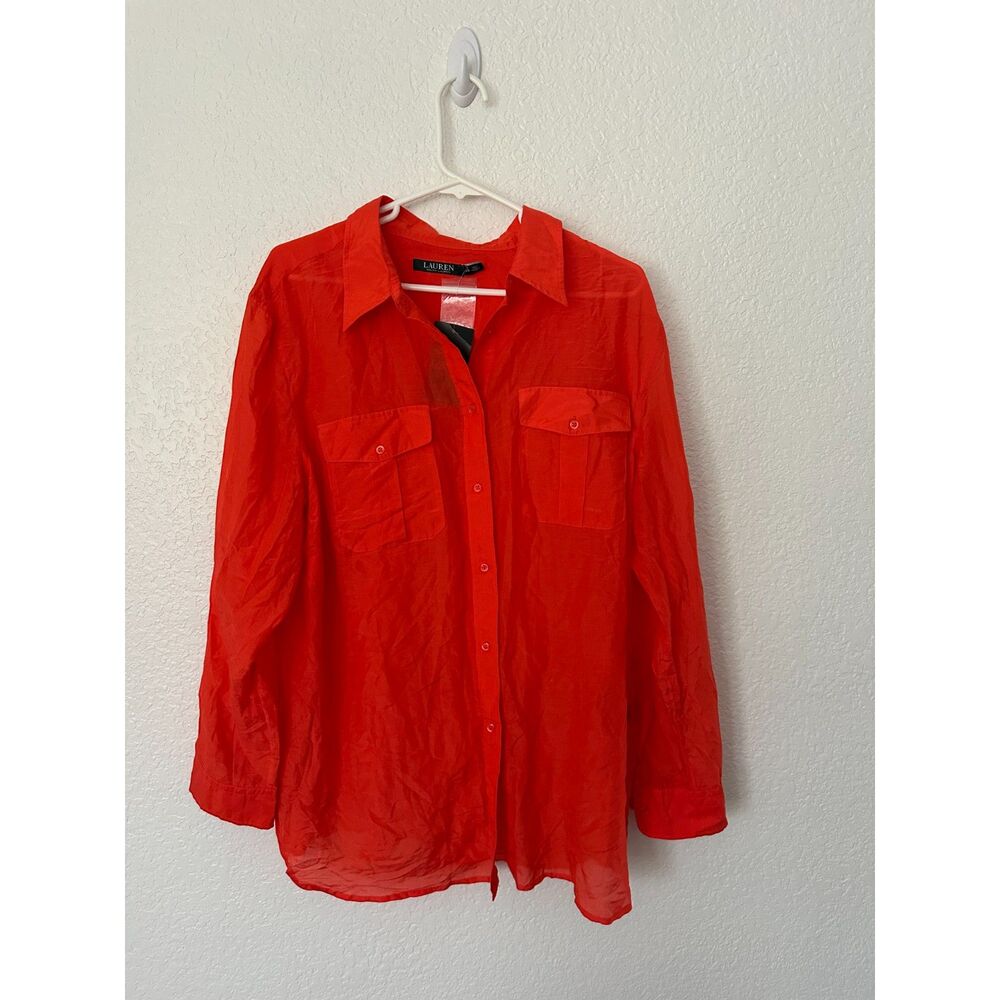 Lauren Ralph Lauren Silk Cotton Blend Button Down Long Sleeve Top Red NWT 2X